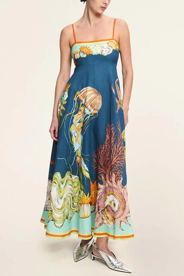 Linen Blend Unique Print Suspenders Back Pleated Pocket Resort Style Maxi Dress - Fashionpara