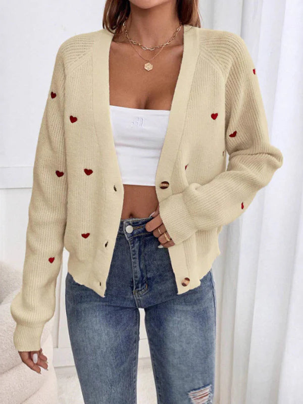 Heart Embroidery V-Neck Cardigan for Cozy Elegance