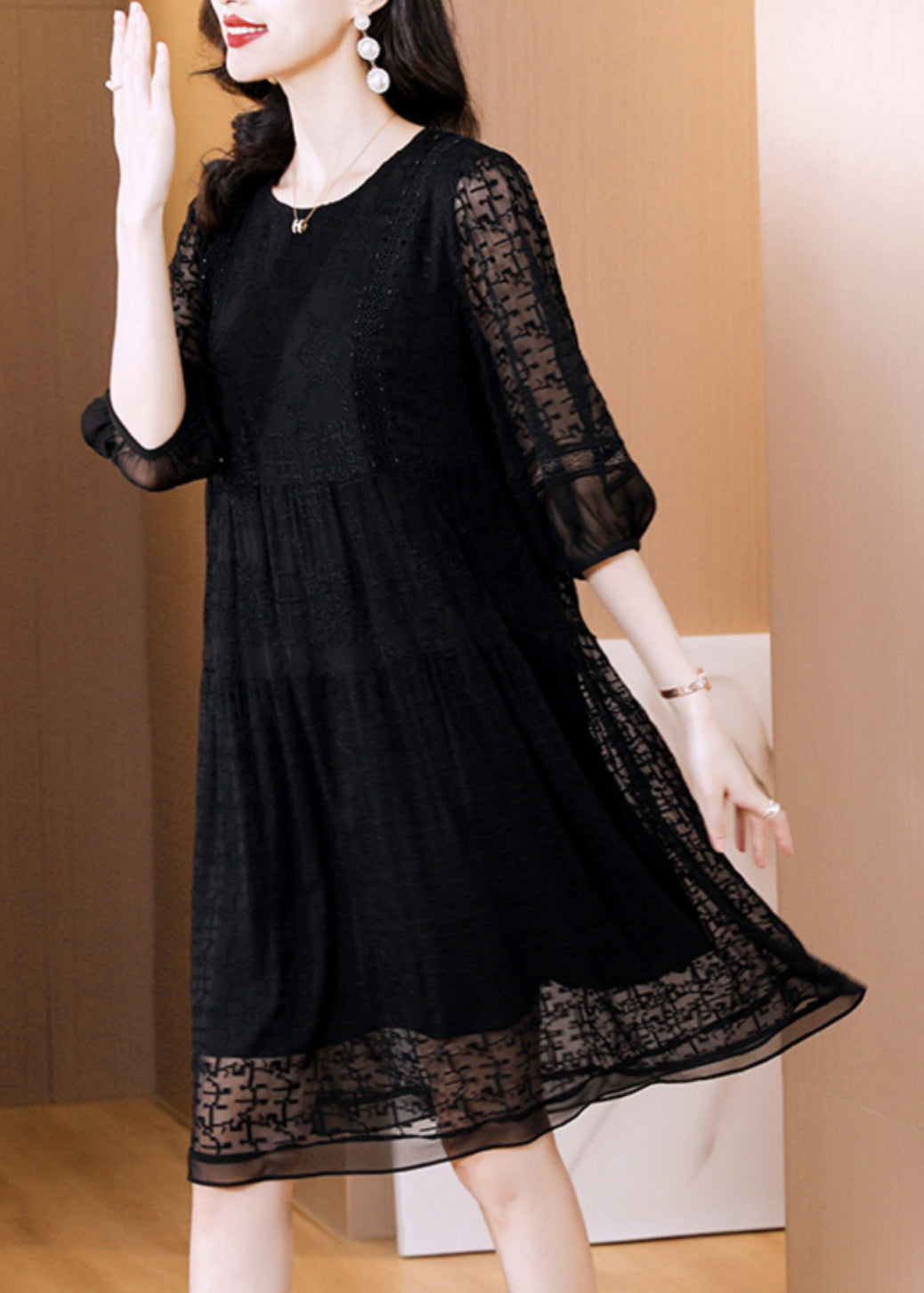 Sheer Geometric Panel Tiered Three Quarter Sleeve Mini Dress