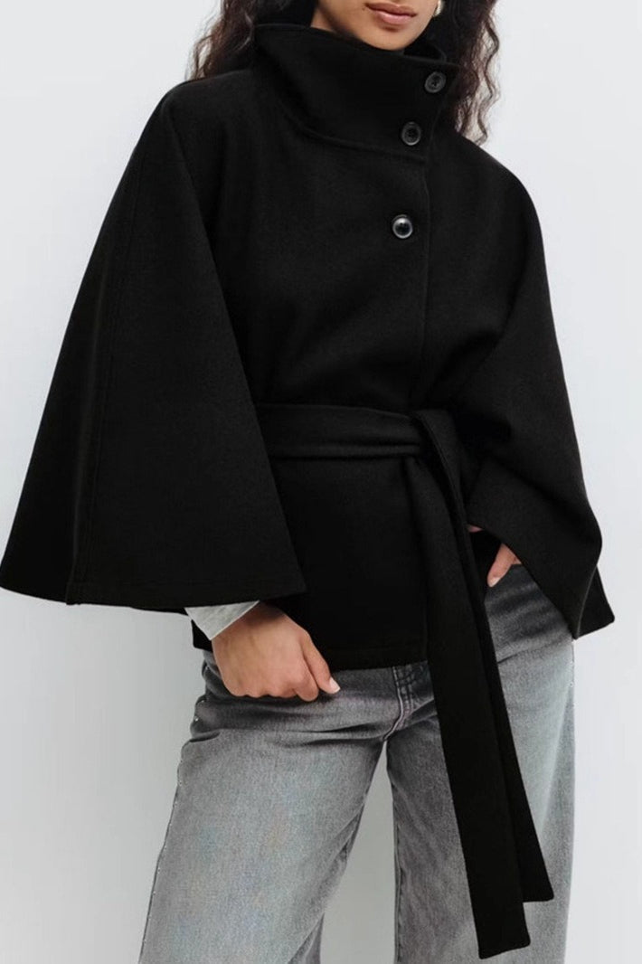 Solid Color Cape Collar Belted Trench Coat