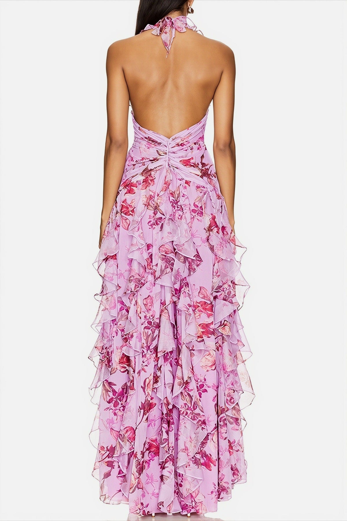 Floral Ruffle Halter Neck High Split Maxi Gown