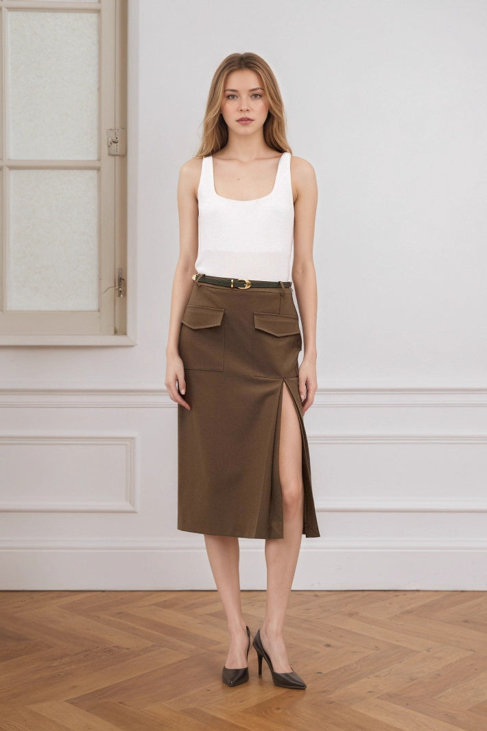 High Waist Split A-Line Midi Skirt