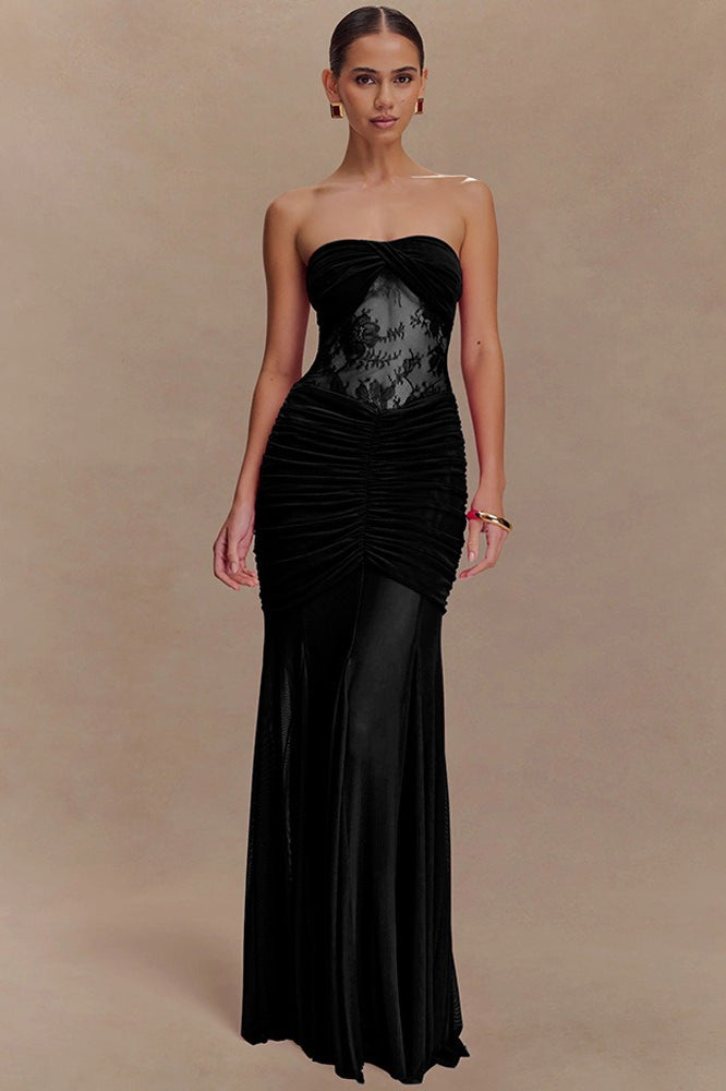 Lace Strapless Twist Ruched Mesh Mermaid Gown 7
