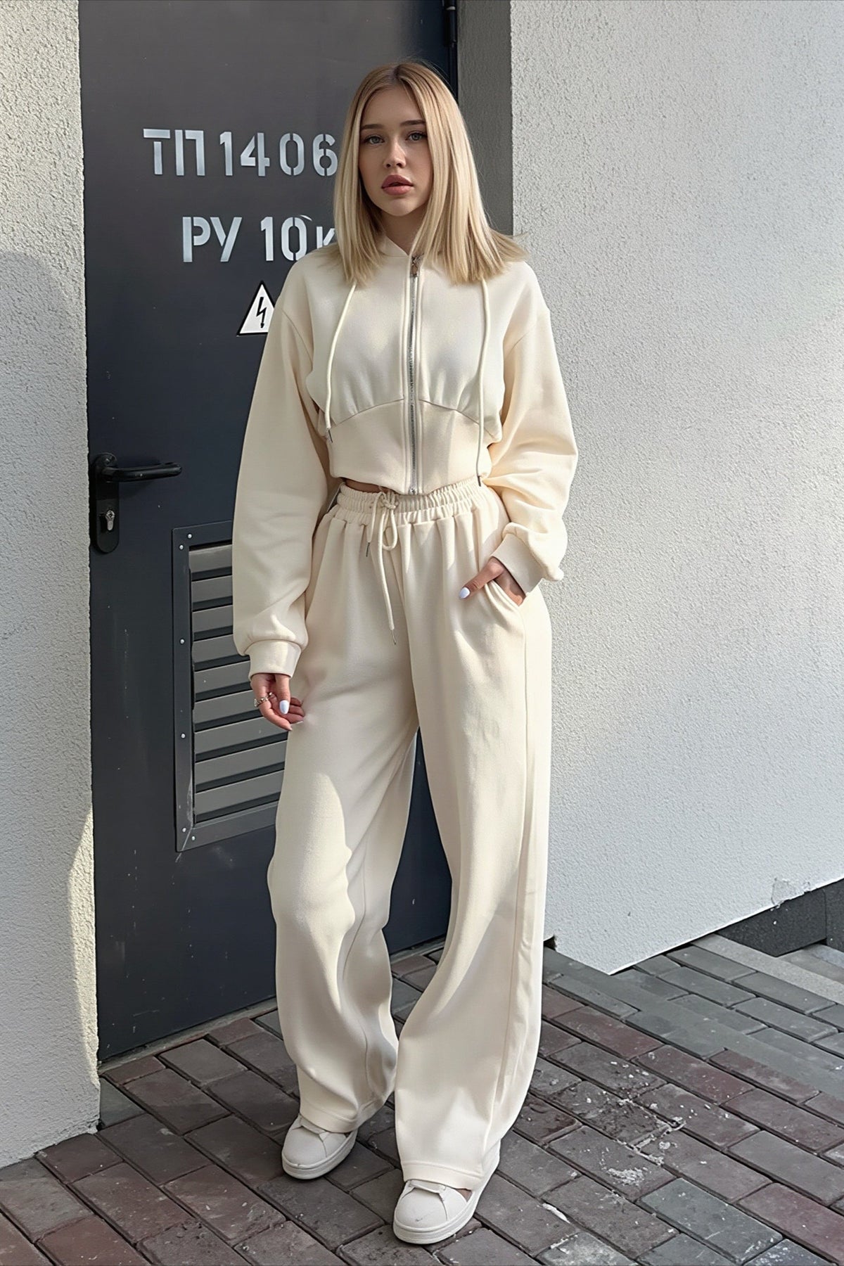 Solid Cropped Zip Front Wide Leg Hoodie Set