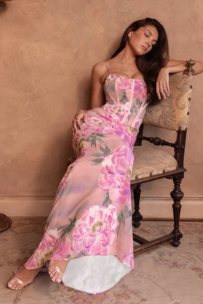Floral Print Corset Bustier Maxi Dress