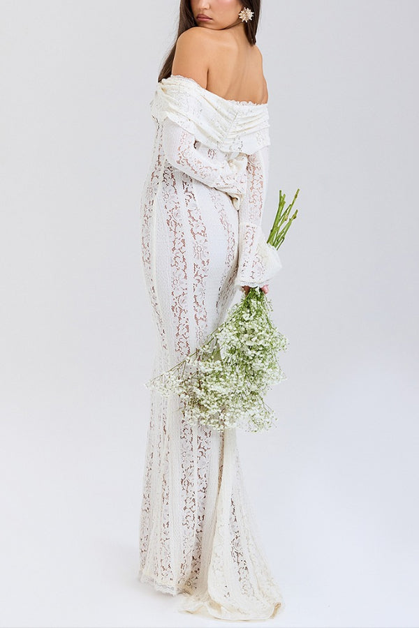 Leila Off Shoulder Floral Lace Flared Sleeve Fishtail Maxi Dress - View 8