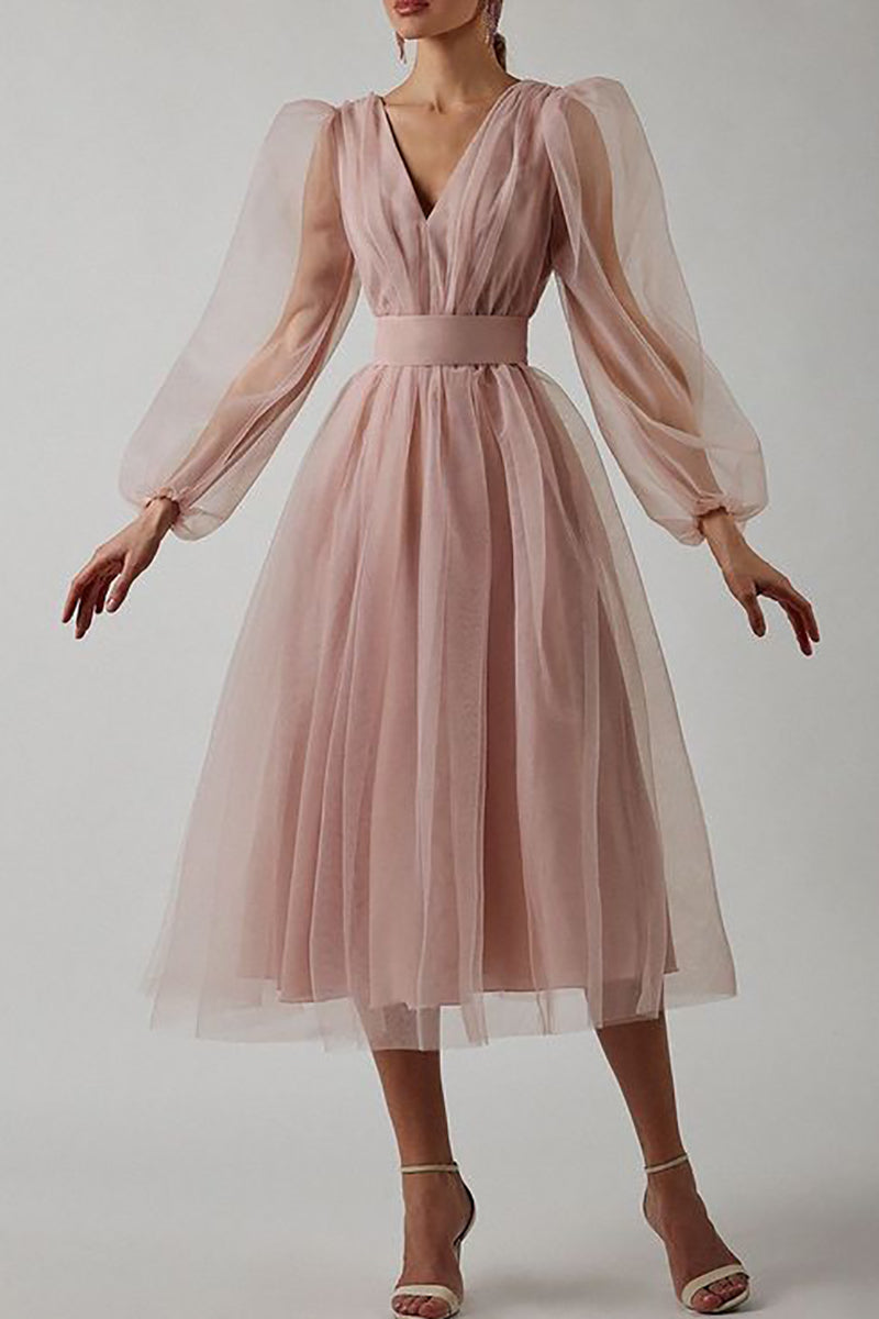 Tulle Deep V-Neck Split Lantern Sleeve Pleated A-Line Midi Dress - View 3