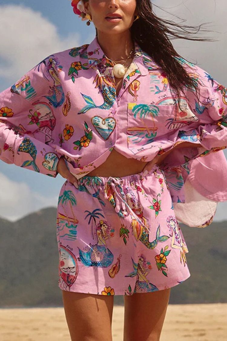 Mermaid Whispers Linen Blend Unique Print Long Sleeve Oversized Blouse - Fashionpara