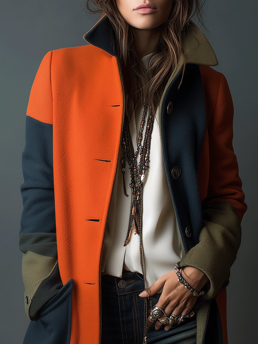 Modern Patchwork Colorblock Wool Orange & Navy Coat