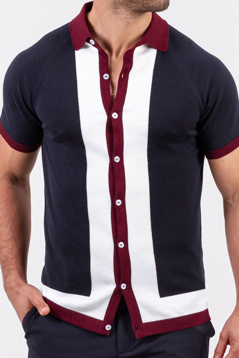Men's Patchwork Clashing Knit Polo Shirt - Fashionpara