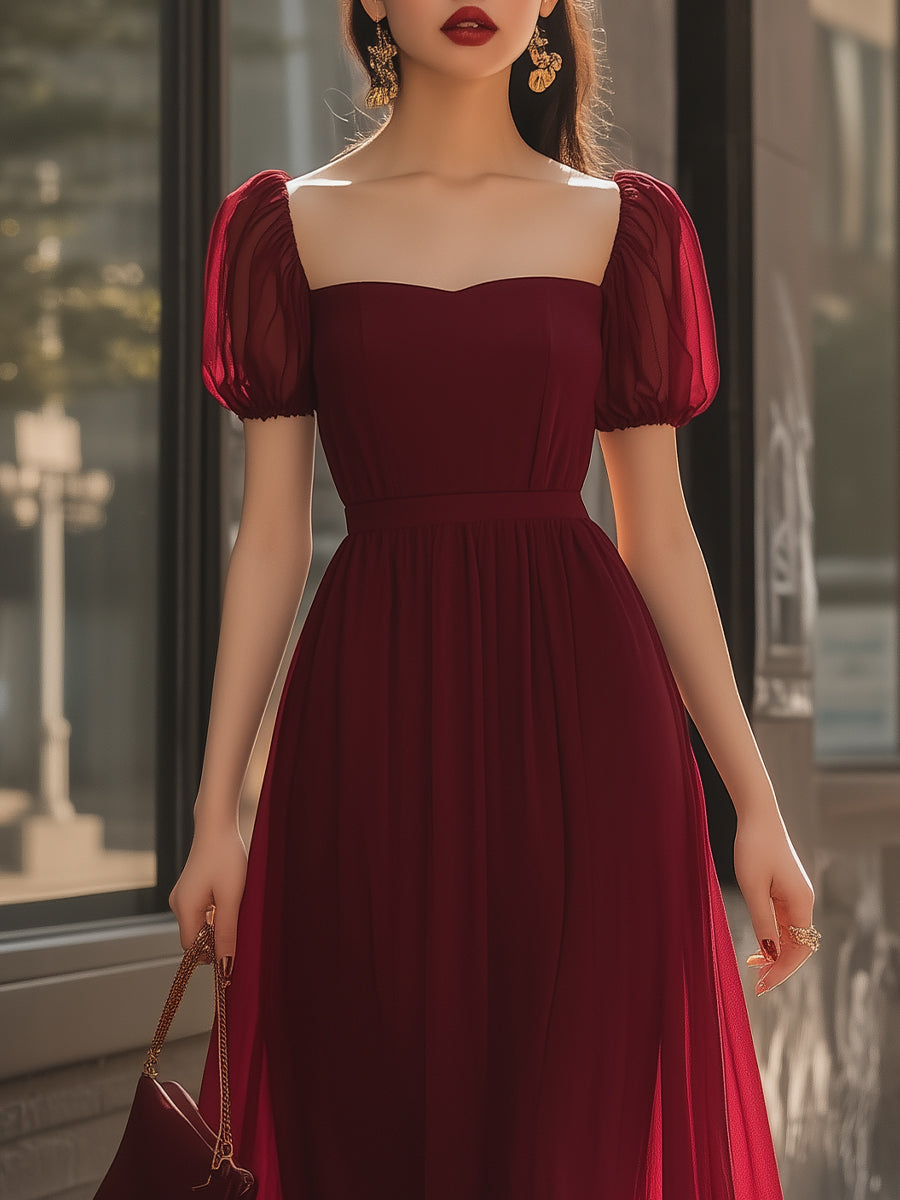 Romantic Burgundy Puff Sleeve Midi Dress