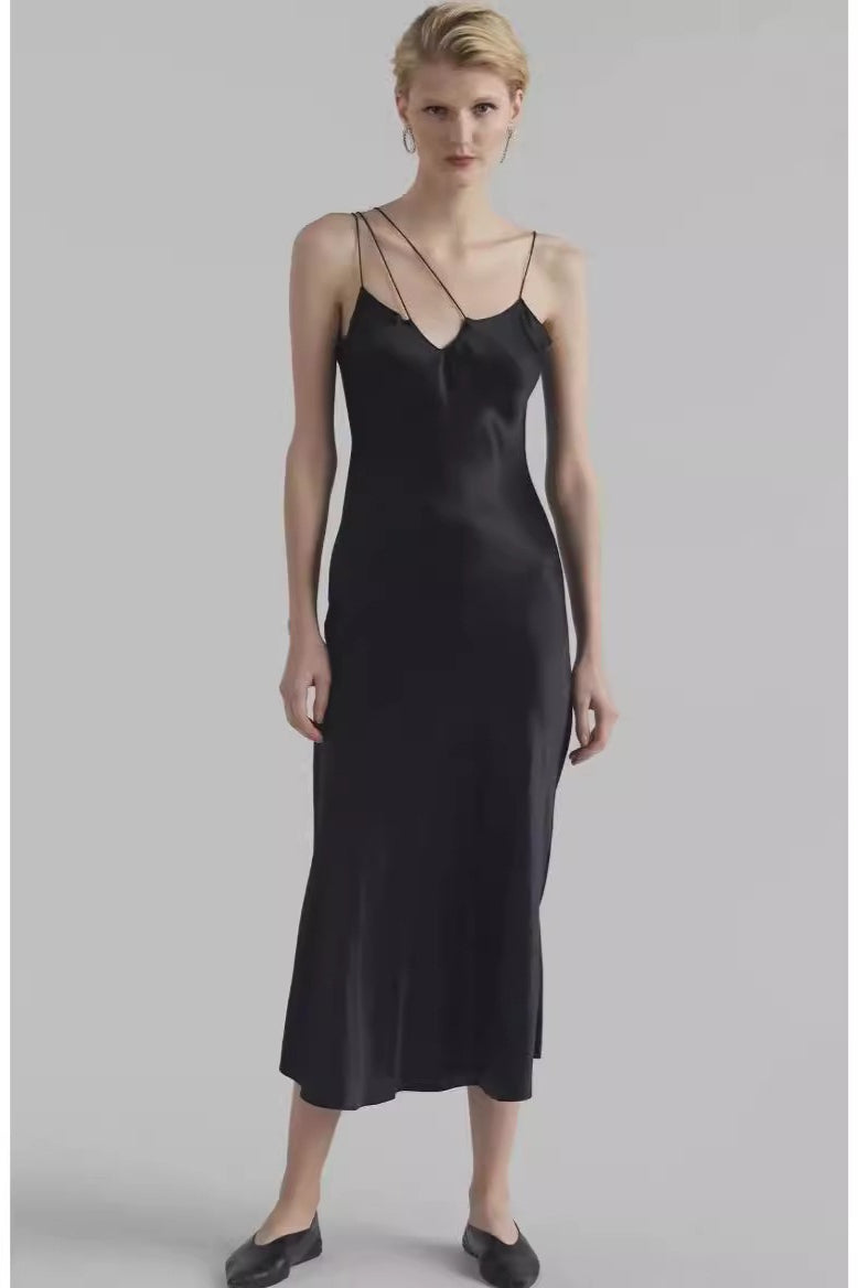 Satin Asymmetric-Strap V-Neck Bias-Cut Slip Dress 3