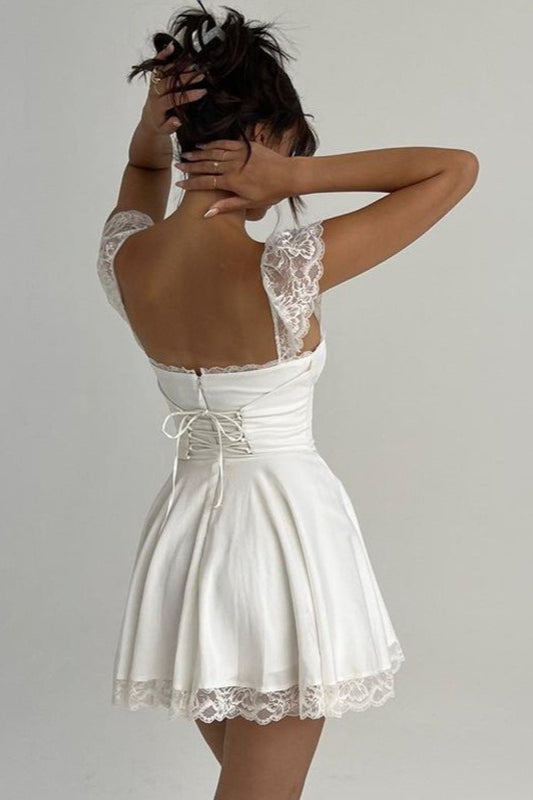 Satin Square Neck Lace Trim Fit and Flare Mini Dress 5