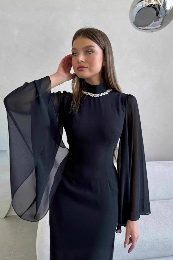 High Neck Long Sleeve Rhinestone Bodycon Maxi Prom Dress - View 2