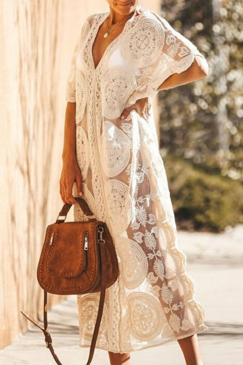 Scalloped Edge Sheer Lace Crochet Maxi Kaftan Boho Cover Up - Fashionpara