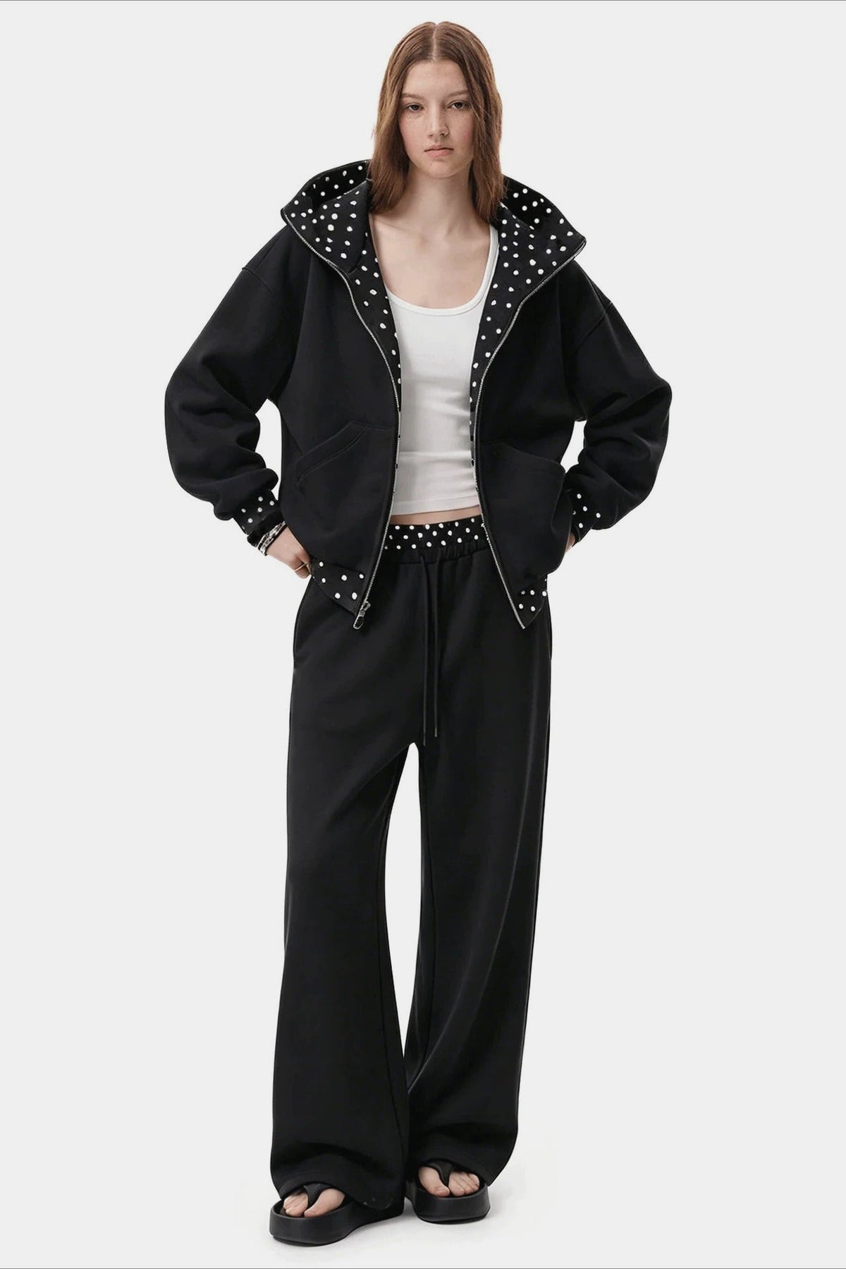 Polka Dot Trim Zip Front Wide Leg Hoodie