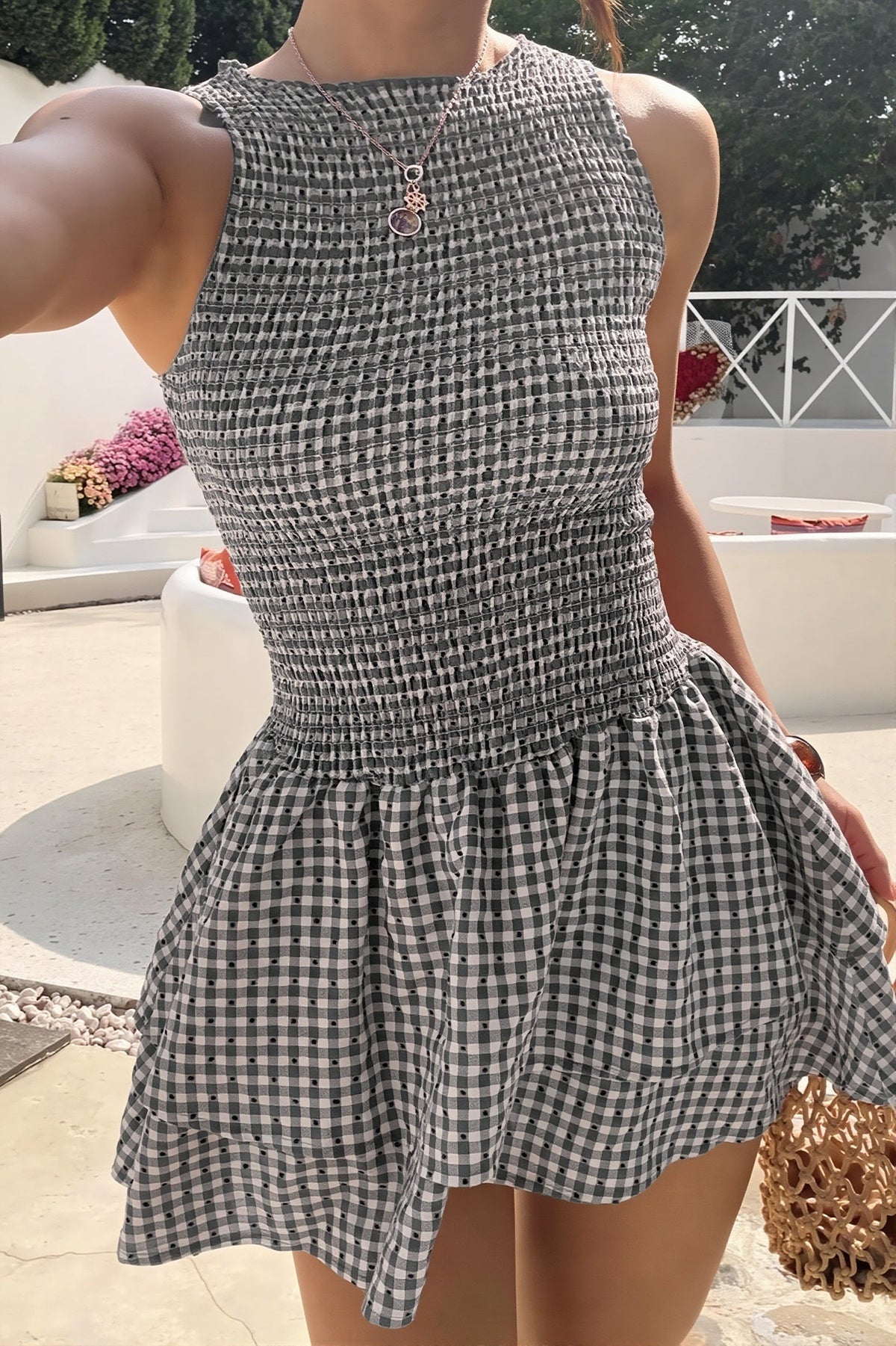 Gingham Shirred Tiered Fit and Flare Mini Dress