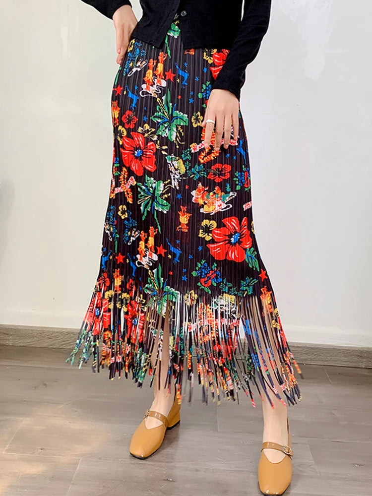 Fashion Printed Flower Tassels High Elastic Waist Skirt
