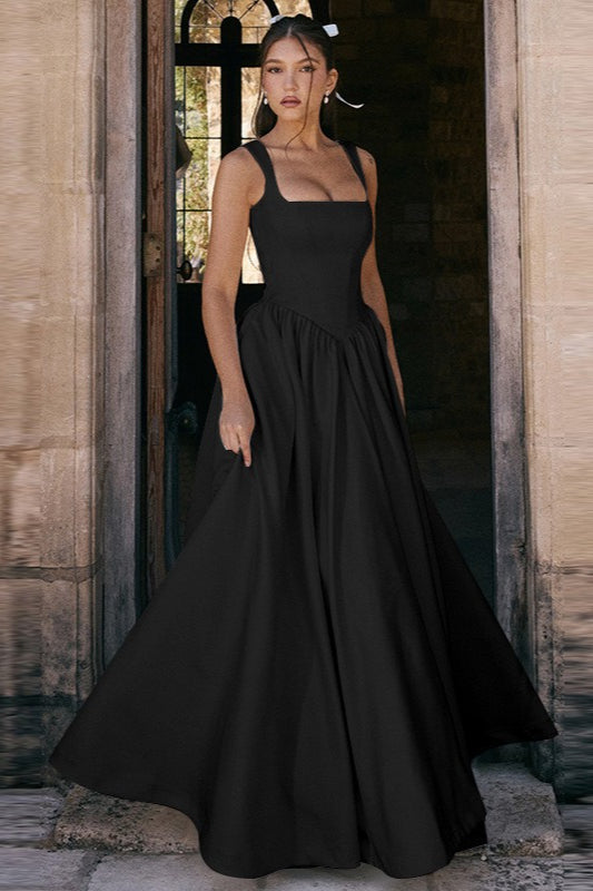 Satin Square Neck Wide Strap Drop Waist A-Line Maxi Dress - View 3
