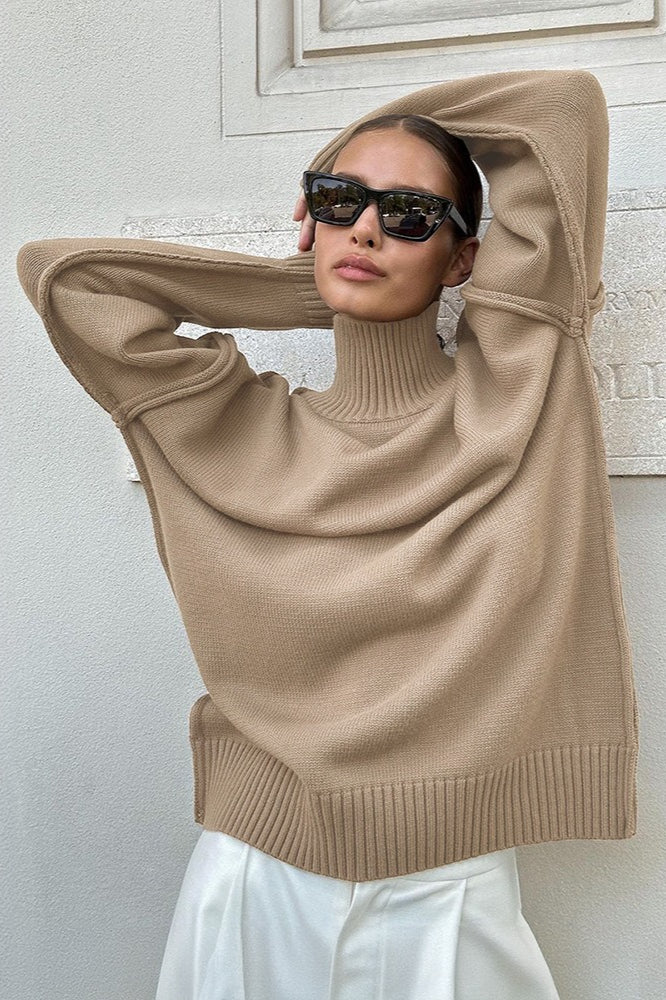 Color Block High Neck Knit Sweater