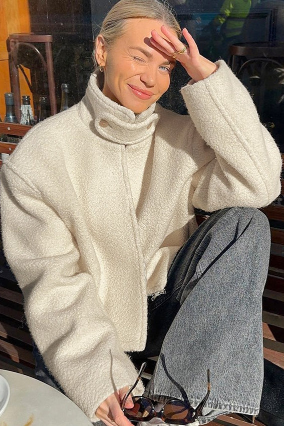 Faux Shearling Stand Collar Cropped Coat - Fashionpara