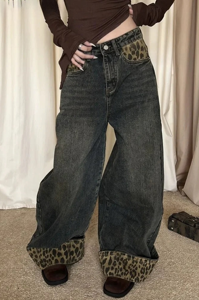 Retro Leopard Print Wide Leg Jeans