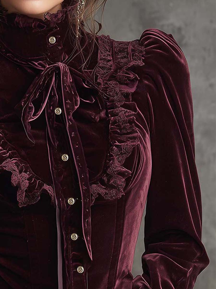 Garnet Red Romance Victorian Velvet Ruffle Blouse - Fashionpara