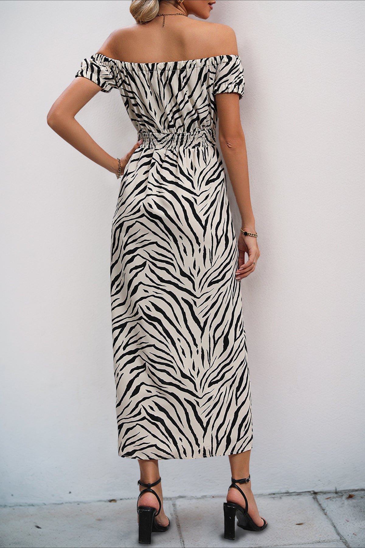 Zebra Print Off Shoulder Puff Sleeve Slit Maxi Dress 5