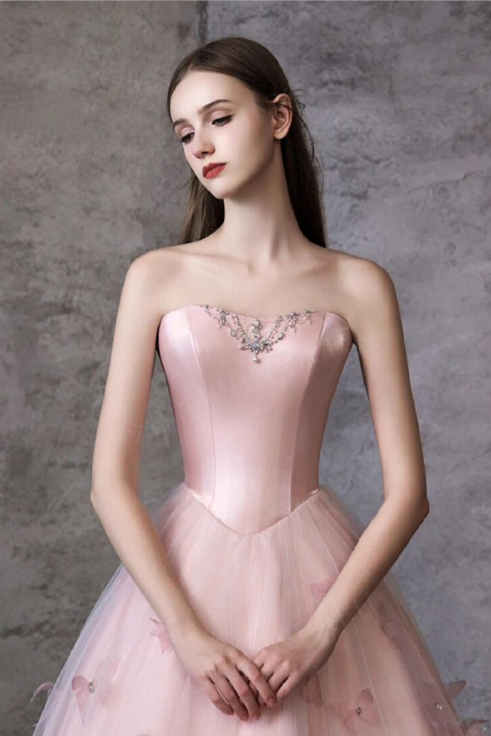 Satin Strapless Beaded Floral Appliqué Tulle Ball Gown - View 3