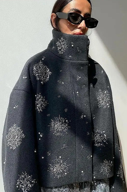 Vintage Rhinestone Turtleneck Loose Coat