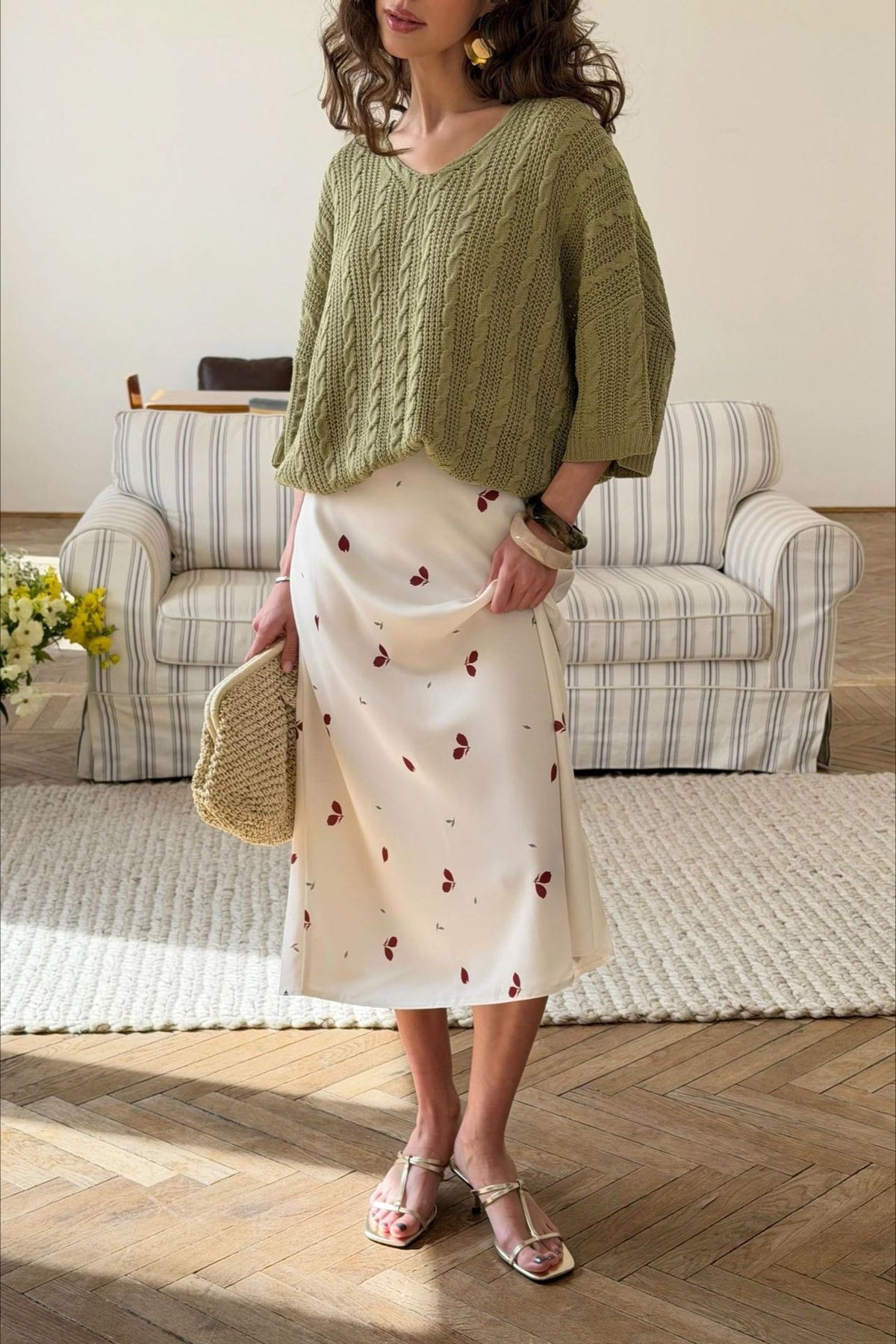 Floral Print Satin A-Line Midi Skirt
