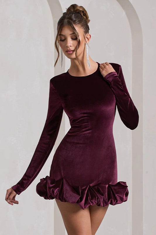 Velvet Crew Neck Long Sleeve Bubble Hem Mini Dress