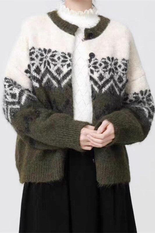 Snowflake Jacquard Knit Cardigan for Cozy Winter Style