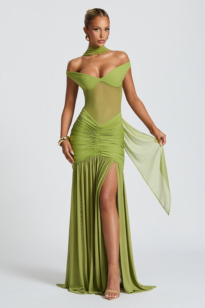 Mesh Off Shoulder Ruched High Split Mermaid Maxi Dress