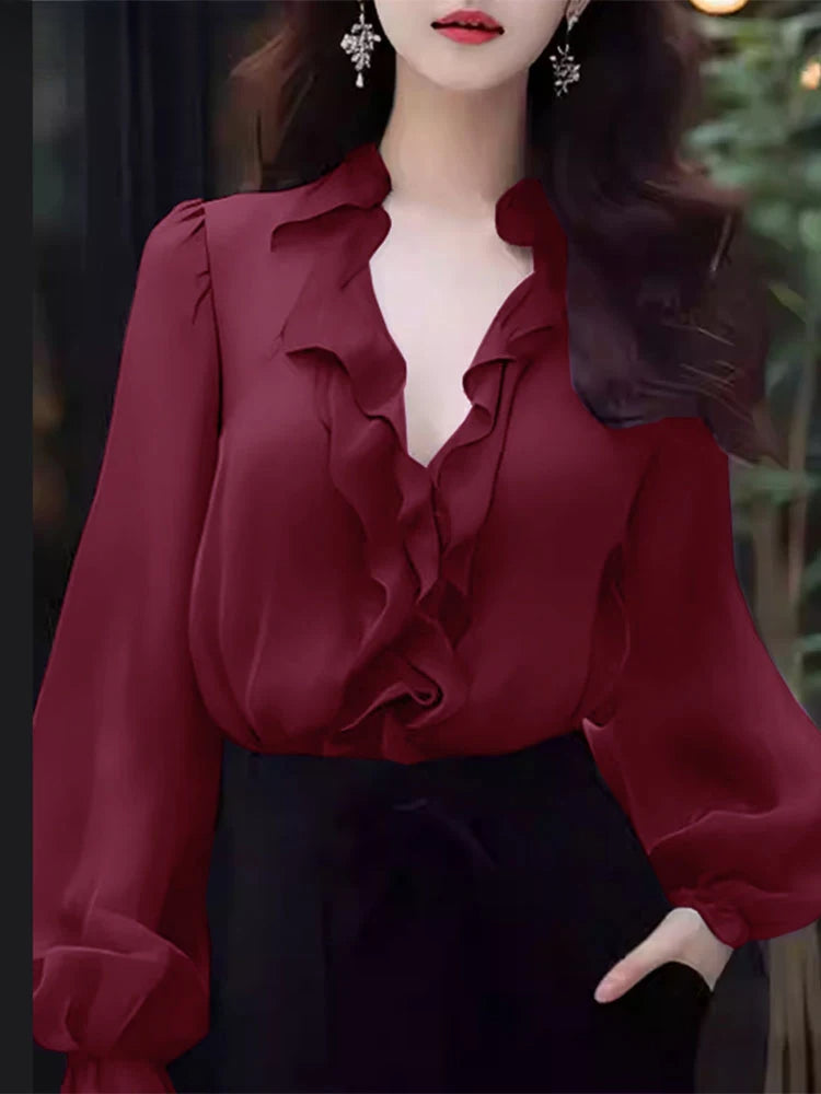 Solid Color Ruffled V-neck Lantern Sleeve Blouse