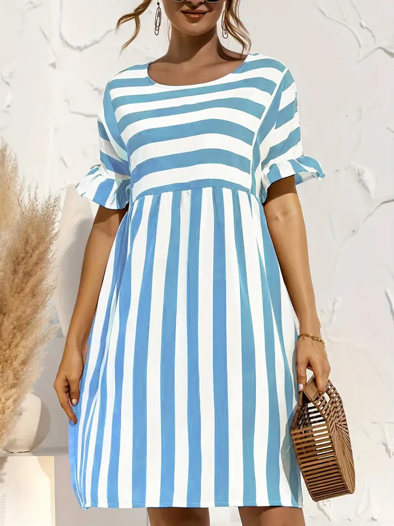 Navy Striped Summer Dress With Short Sleeves S / Green Navy Blue Striped Dress