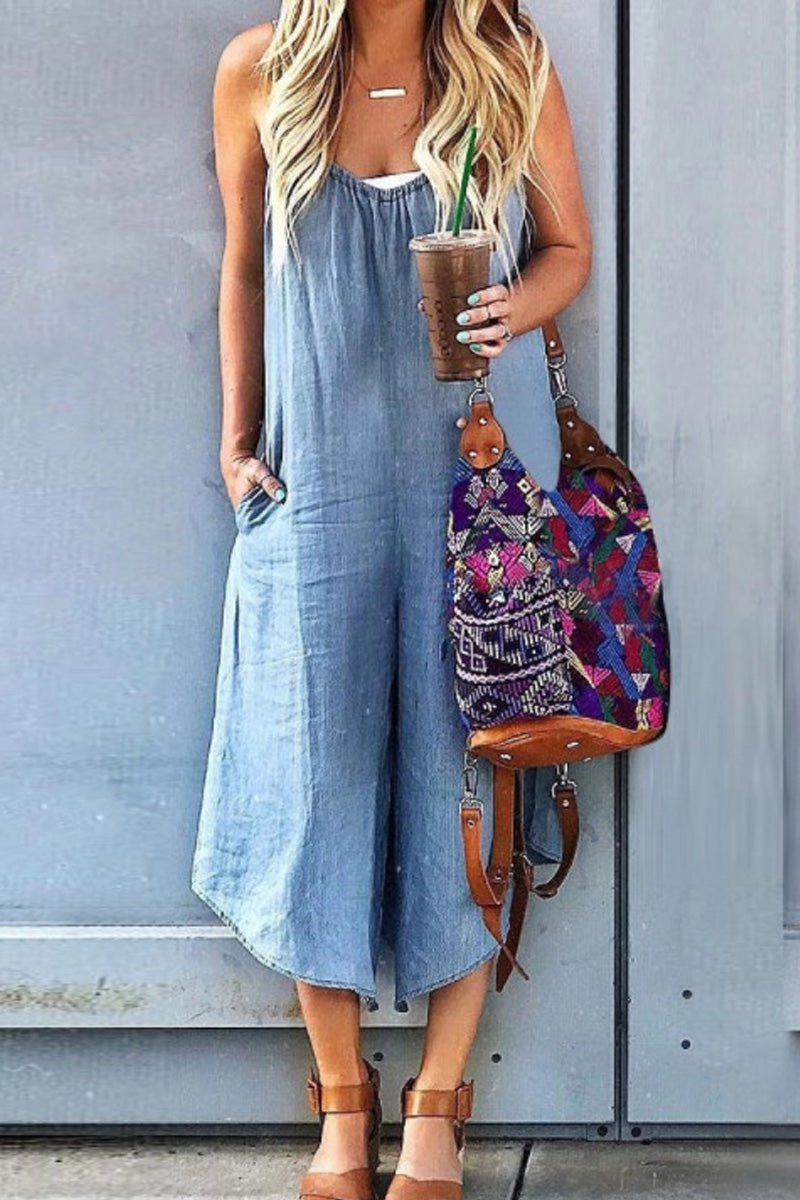 Sleeveless V-neck Wide Leg Denim Jumpsuit Fashionpara