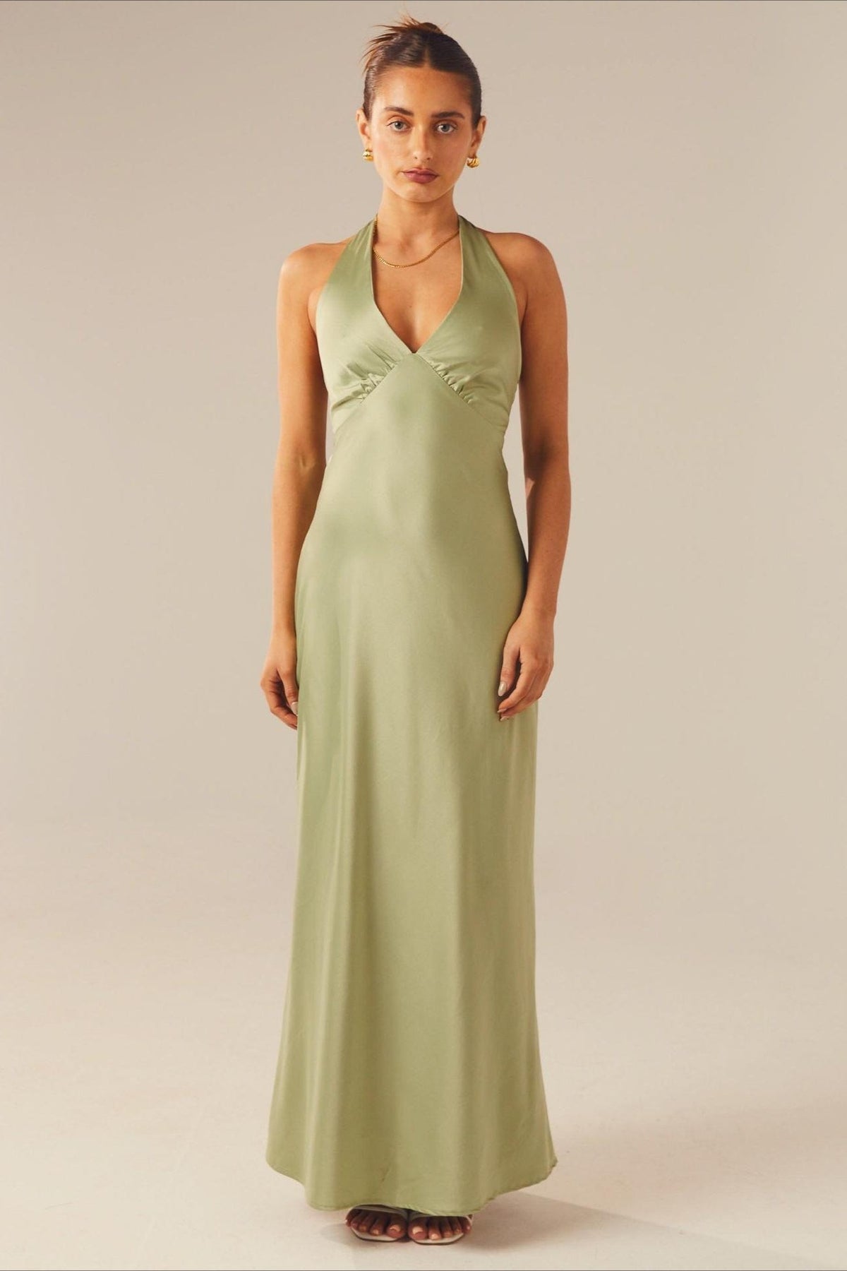 Satin Halter V-Neck Bias Cut Maxi Bridesmaid Gown