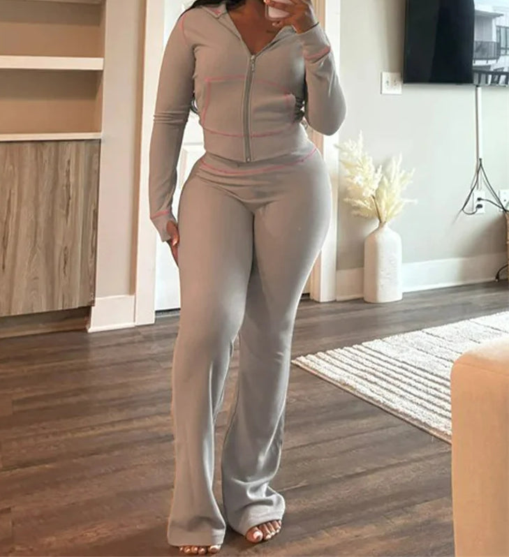 Zipper Hoodie Flare Pants Knit Set - Fashionpara