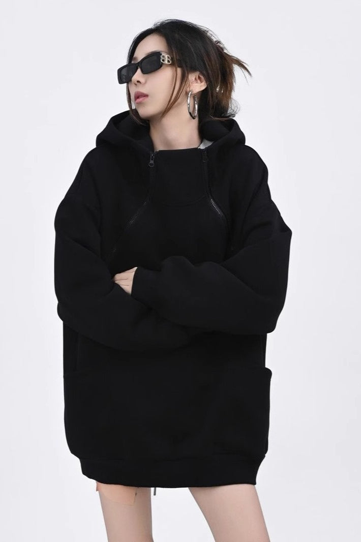Oversized Hooded Sweatshirt with Side Zipper Hoodie - Fashionpara