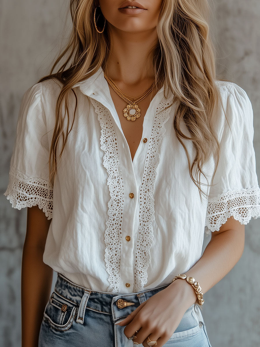 Vintage-Inspired Lace Trim White Blouse - Fashionpara