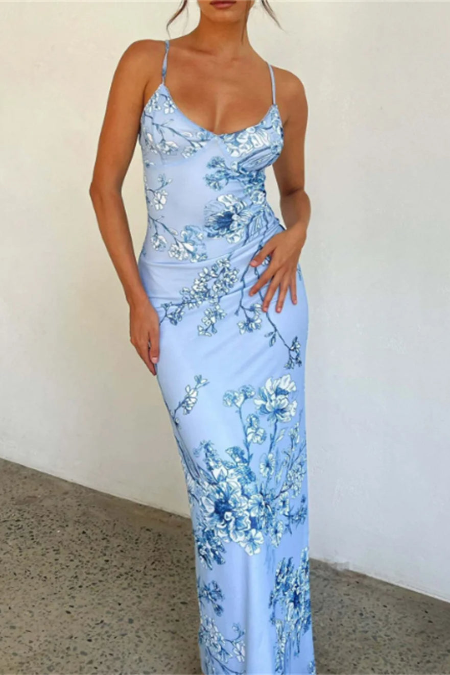 Floral Print V-Neck Spaghetti Strap Mermaid Maxi Dress