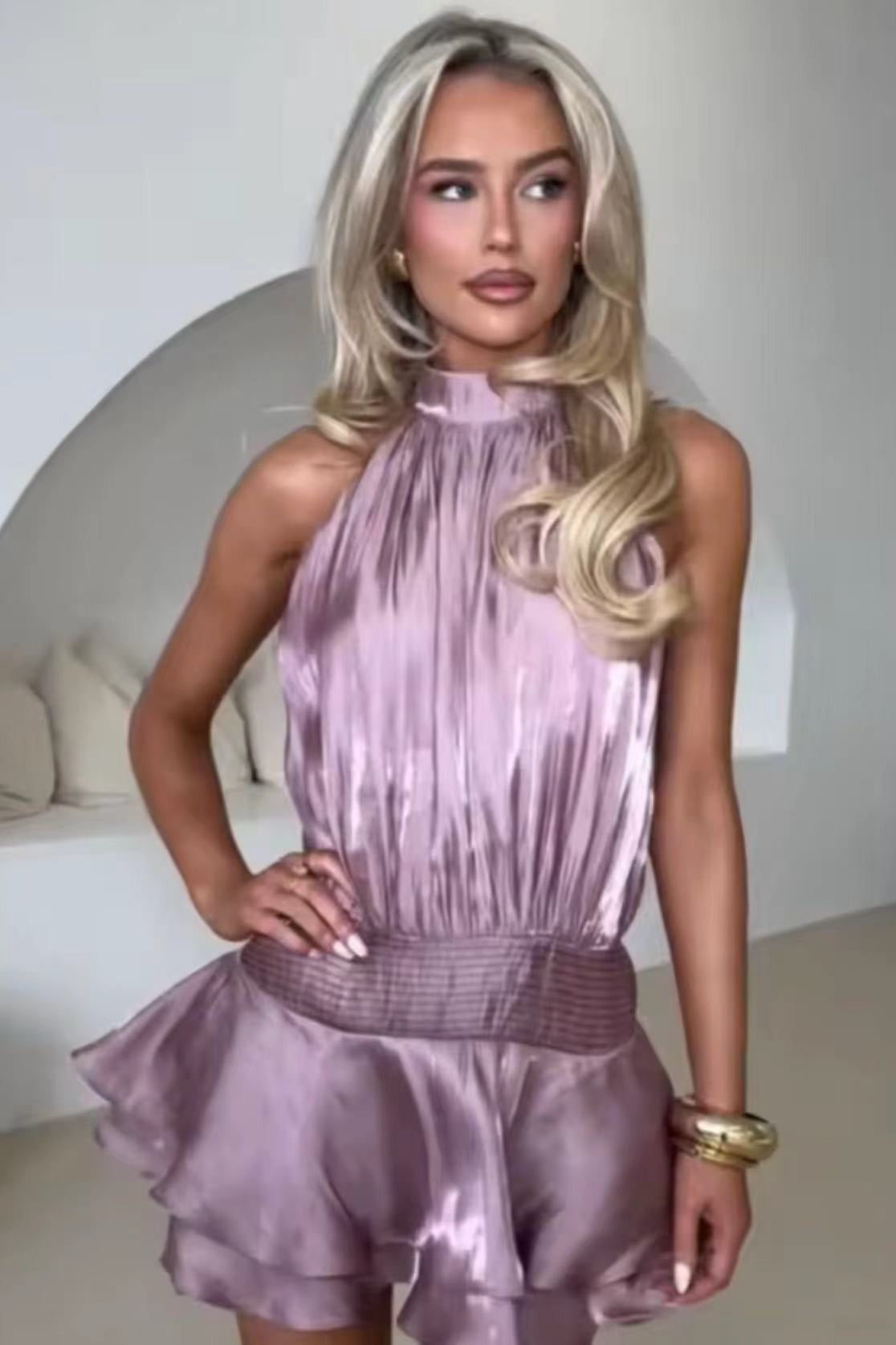 Satin Halter Neck Ruched Ruffle Hem Mini Dress - View 11