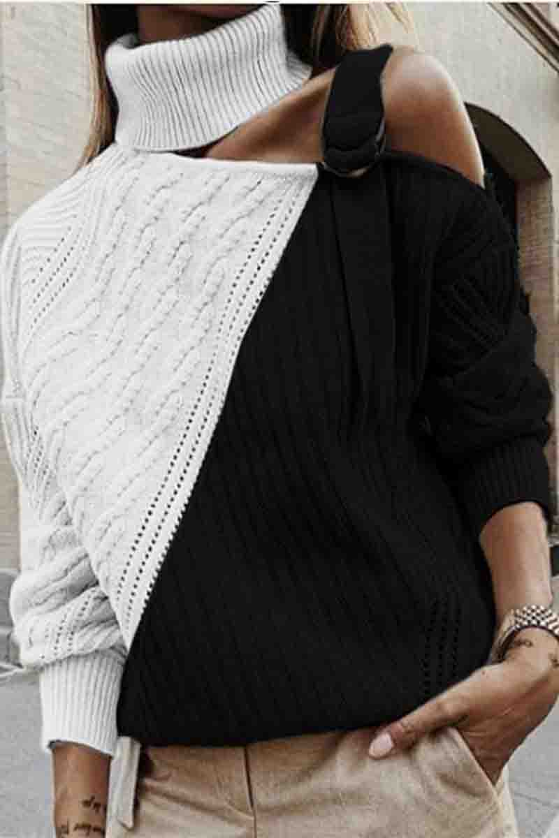 Turtleneck One Shoulder Patchwork Loose  Sweater(4 Colors)  Fashionpara