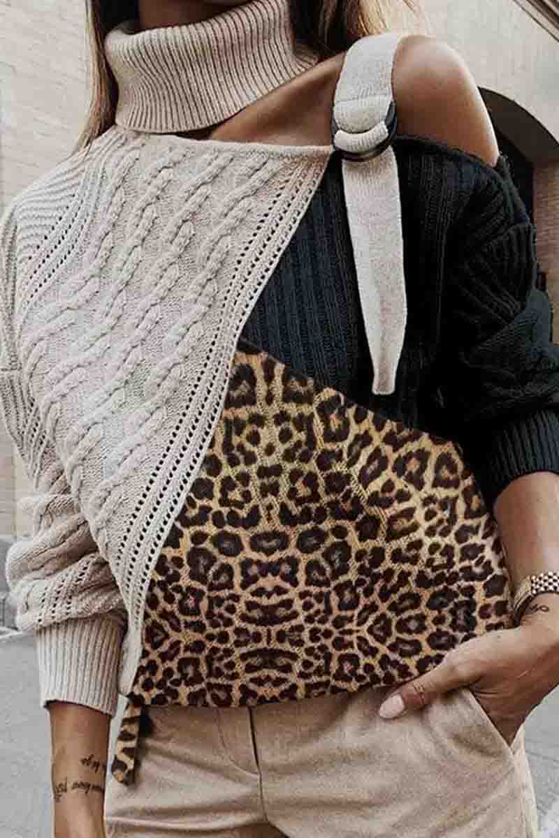 Turtleneck One Shoulder Leopard Patchwork Loose Sweater  Fashionpara