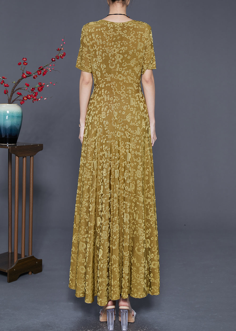 Jacquard Letter Print Scoop Neck Short Sleeve A-Line Maxi Dress - View 3