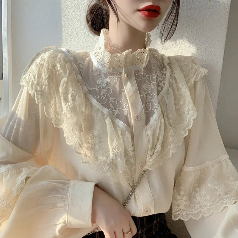 Lace Up Ruffled Sweet Loose Spring Blouse