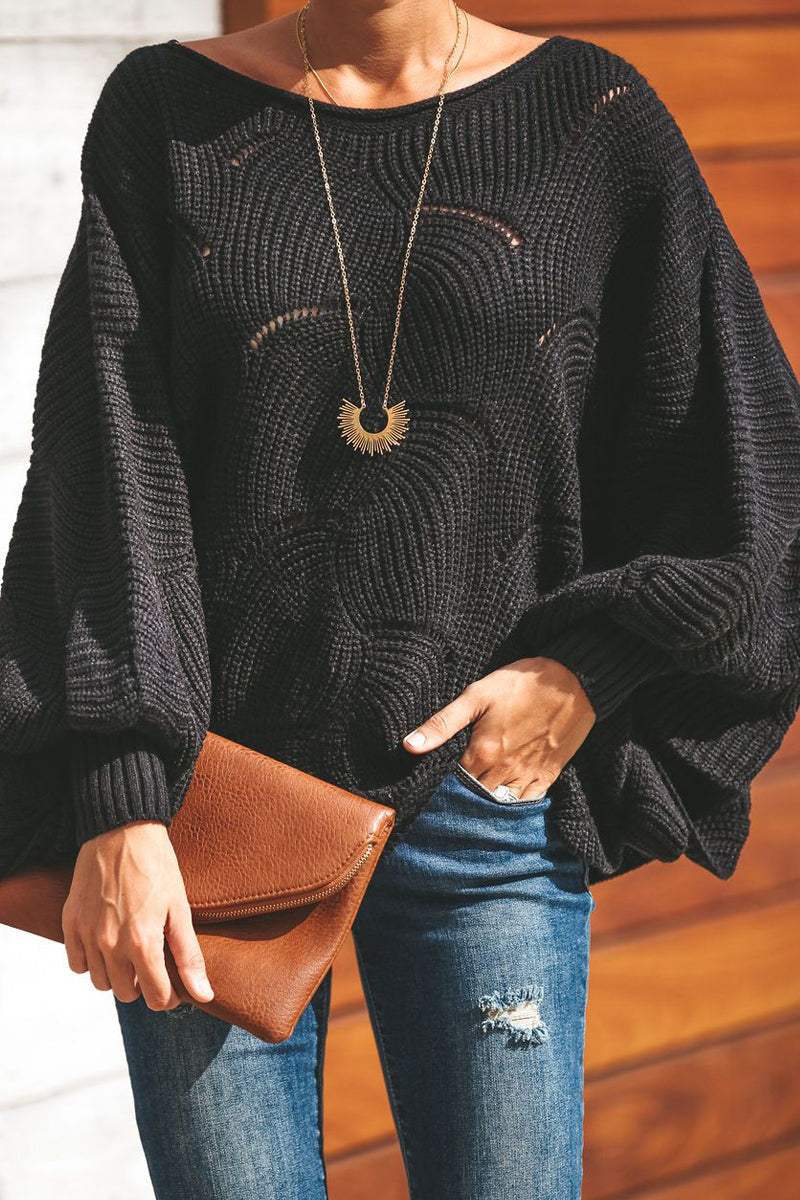Lantern Sleeve Wide Neck Loose Sweater  Fashionpara