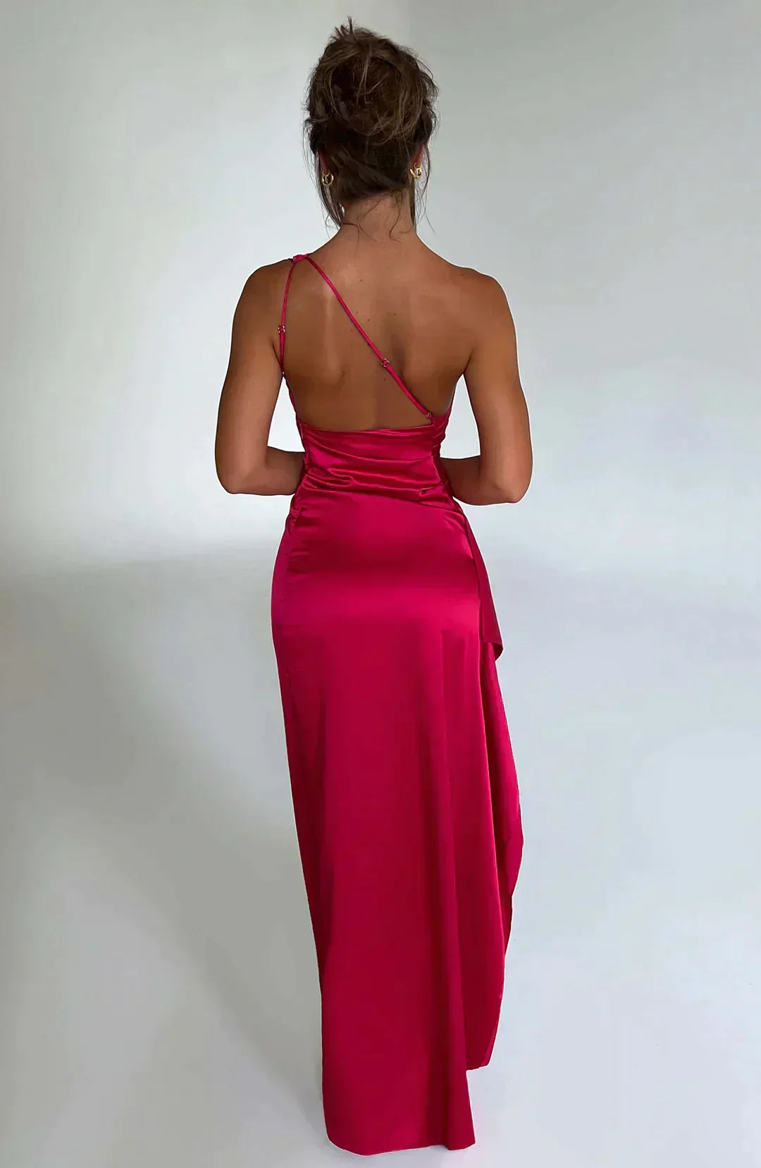 Satin One Shoulder Ruched Slit Ruffle Trim Maxi Formal Dress - View 5