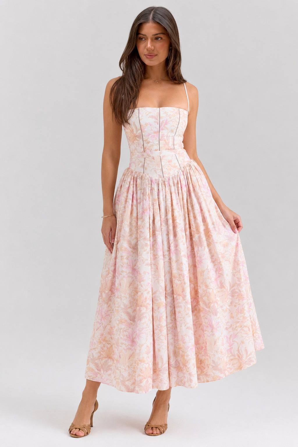 Floral Print Corset Drop Waist Full Skirt Maxi Dress